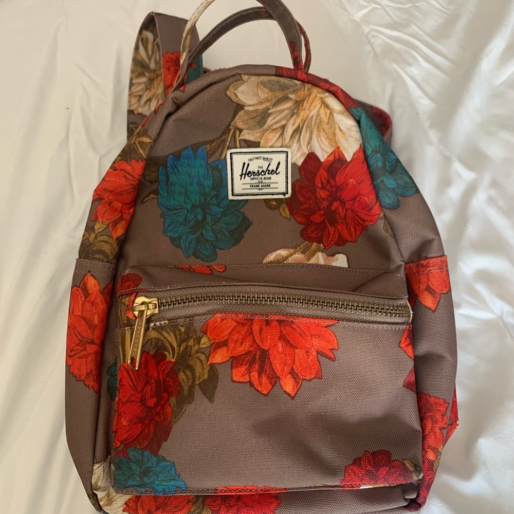 Herschel Supply Company Taupe Mini Backpack with Red & Teal Floral Print